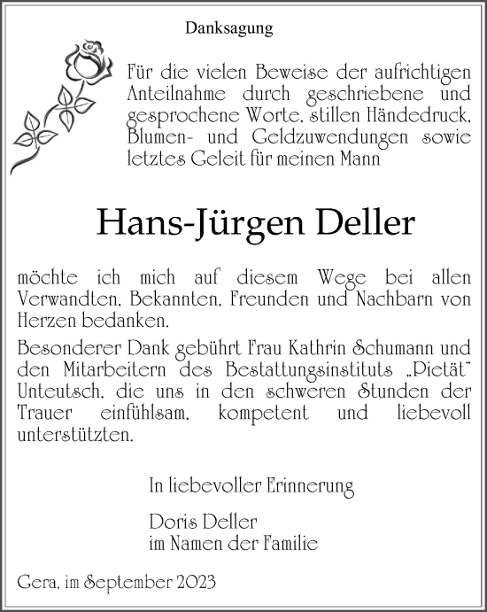 Traueranzeige von Hans-Jürgen Deller von Ostthüringer Zeitung