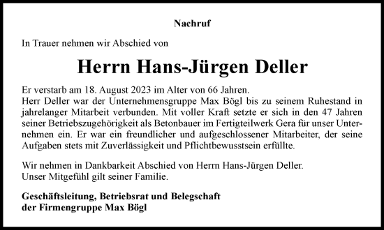 Traueranzeige von Hans-Jürgen Deller von Thüringer Allgemeine