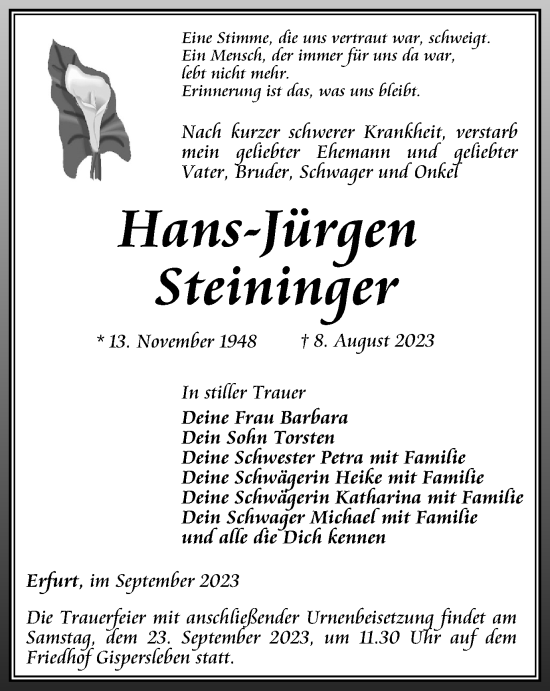 Traueranzeige von Hans-Jürgen Steininger