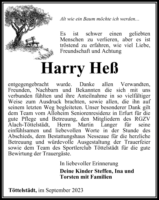 Traueranzeige von Harry Heß von Thüringer Allgemeine, Thüringische Landeszeitung