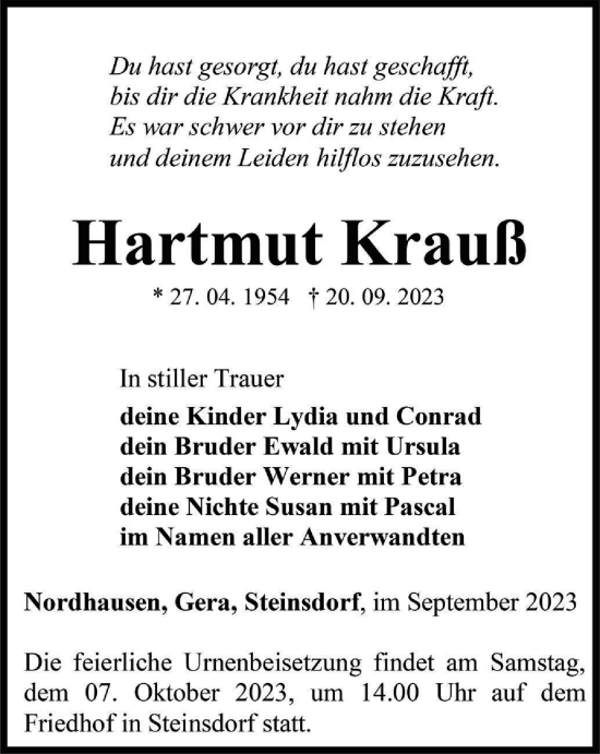 Traueranzeige von Hartmut Krauß von Ostthüringer Zeitung