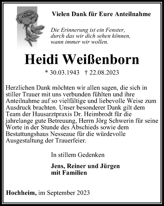 Traueranzeige von Heidi Weißenborn von Thüringer Allgemeine, Thüringische Landeszeitung