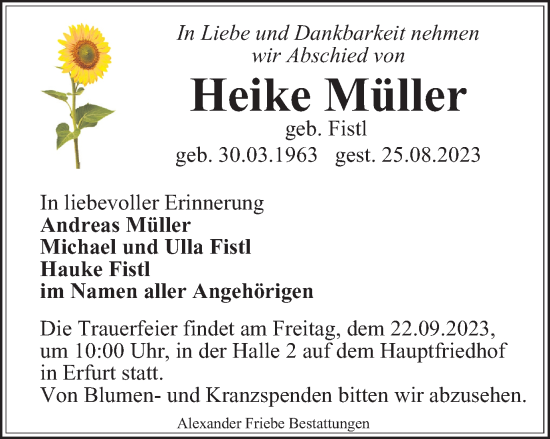 Traueranzeige von Heike Müller von Thüringer Allgemeine, Thüringische Landeszeitung