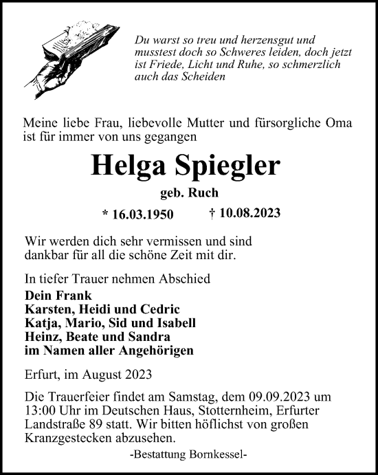 Traueranzeige von Helga Spiegler