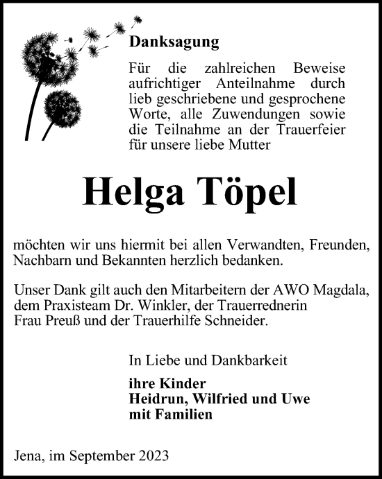Traueranzeige von Helga Töpel von Ostthüringer Zeitung, Thüringische Landeszeitung