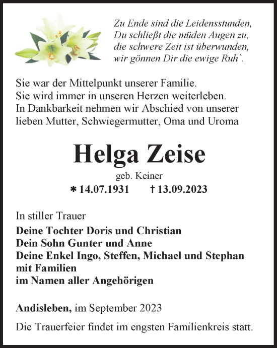 Traueranzeige von Helga Zeise von Thüringer Allgemeine, Thüringische Landeszeitung