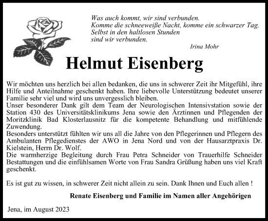 Traueranzeige von Helmut Eisenberg von Ostthüringer Zeitung, Thüringische Landeszeitung