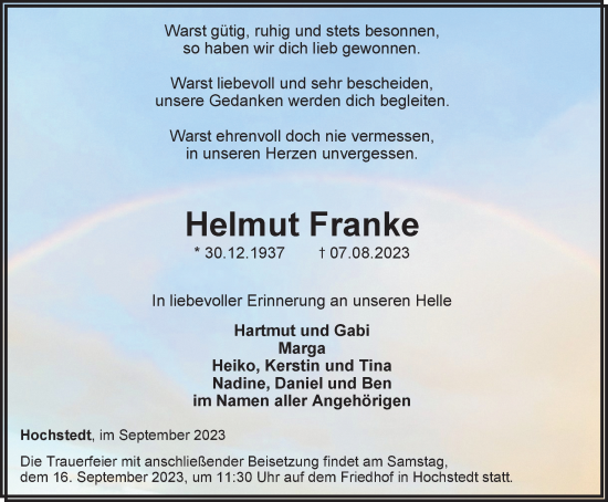Traueranzeige von Helmut Franke von Thüringer Allgemeine, Thüringische Landeszeitung