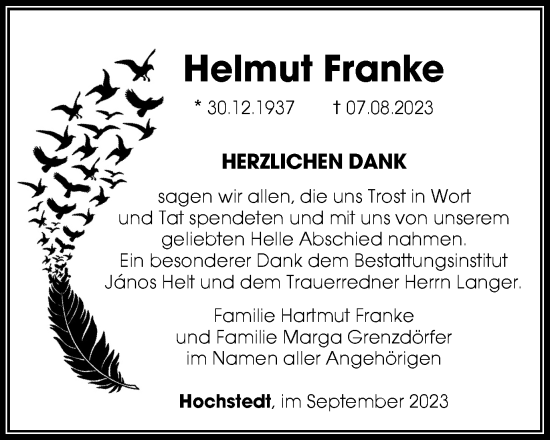 Traueranzeige von Helmut Franke von Thüringer Allgemeine, Thüringische Landeszeitung