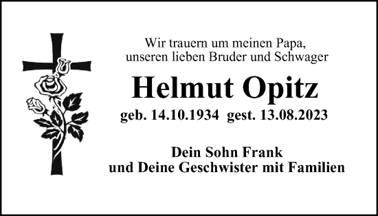 Traueranzeige von Helmut Opitz von Ostthüringer Zeitung