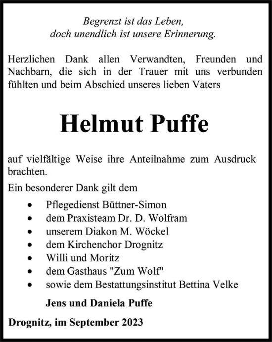Traueranzeige von Helmut Puffe von Ostthüringer Zeitung