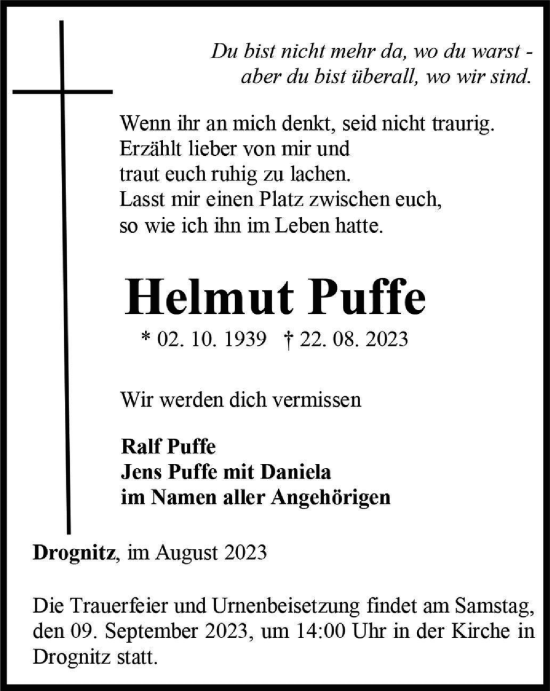 Traueranzeige von Helmut Puffe von Ostthüringer Zeitung