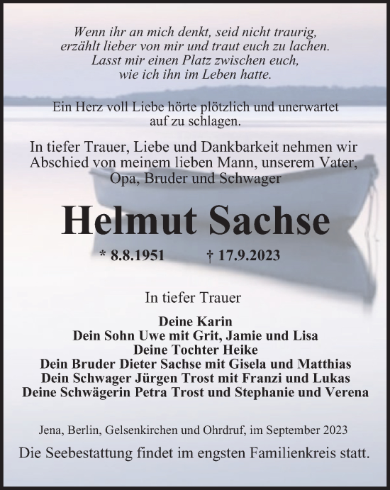 Traueranzeige von Helmut Sachse von Ostthüringer Zeitung, Thüringische Landeszeitung