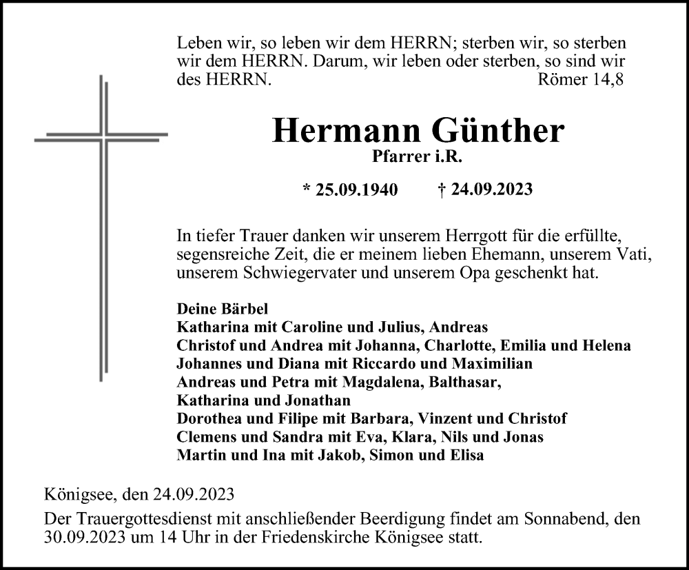  Traueranzeige für Hermann Günther vom 26.09.2023 aus Ostthüringer Zeitung