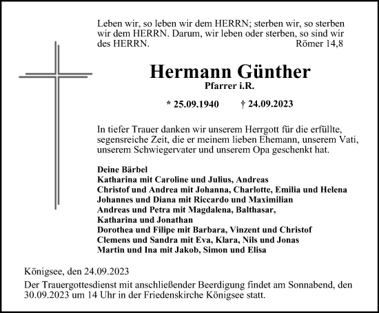 Traueranzeige von Hermann Günther von Ostthüringer Zeitung