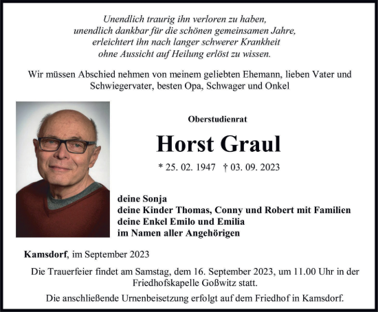 Traueranzeige von Horst Graul von Ostthüringer Zeitung