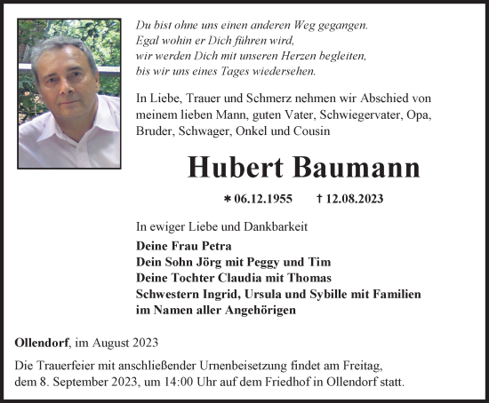 Traueranzeige von Hubert Baumann von Thüringer Allgemeine, Thüringische Landeszeitung