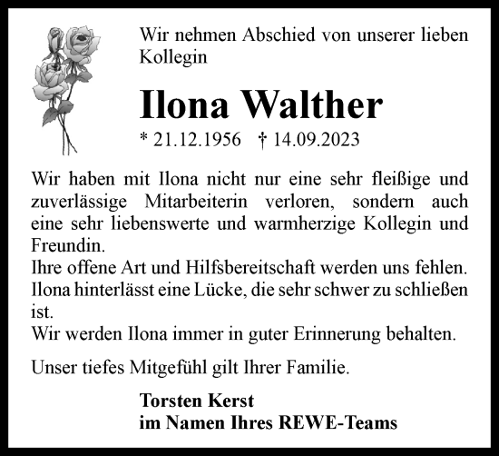 Traueranzeige von Ilona Walther von Thüringer Allgemeine
