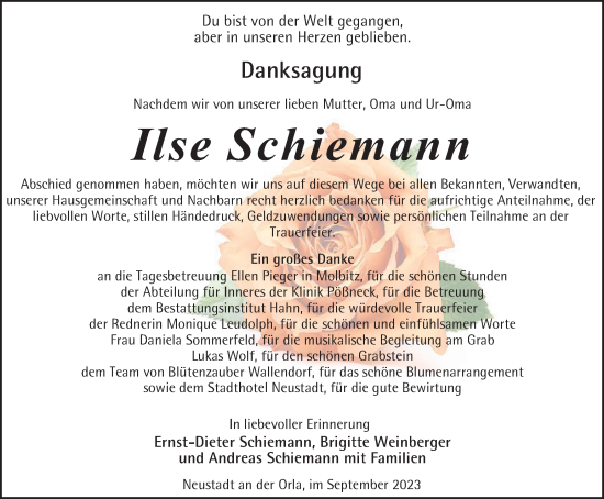Traueranzeige von Ilse Schiemann von Ostthüringer Zeitung