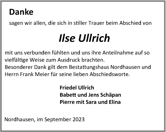 Traueranzeige von Ilse Ullrich von Thüringer Allgemeine