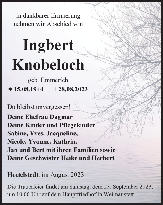 Traueranzeige von Ingbert Knobeloch von Thüringer Allgemeine, Thüringische Landeszeitung