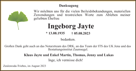 Traueranzeige von Ingeborg Jayte von Ostthüringer Zeitung