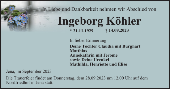 Traueranzeige von Ingeborg Köhler von Ostthüringer Zeitung, Thüringische Landeszeitung