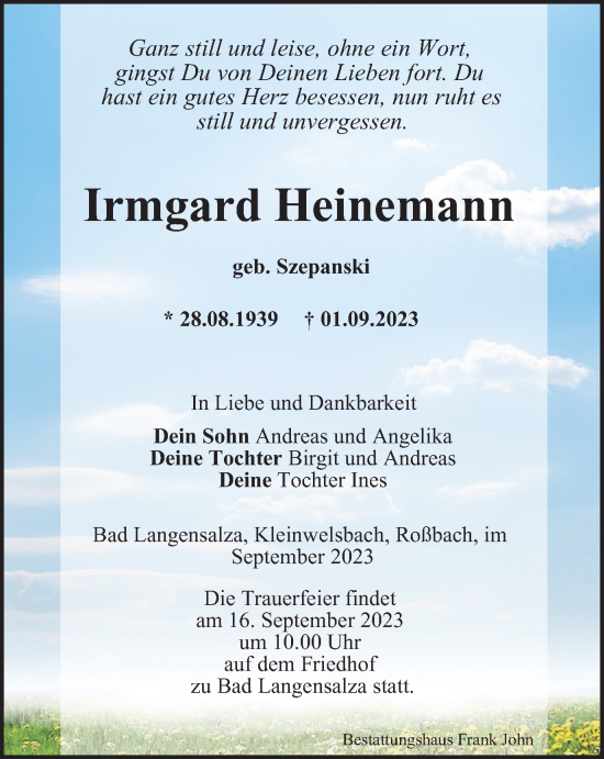 Traueranzeige von Irmgard Heinemann von Thüringer Allgemeine, Thüringische Landeszeitung