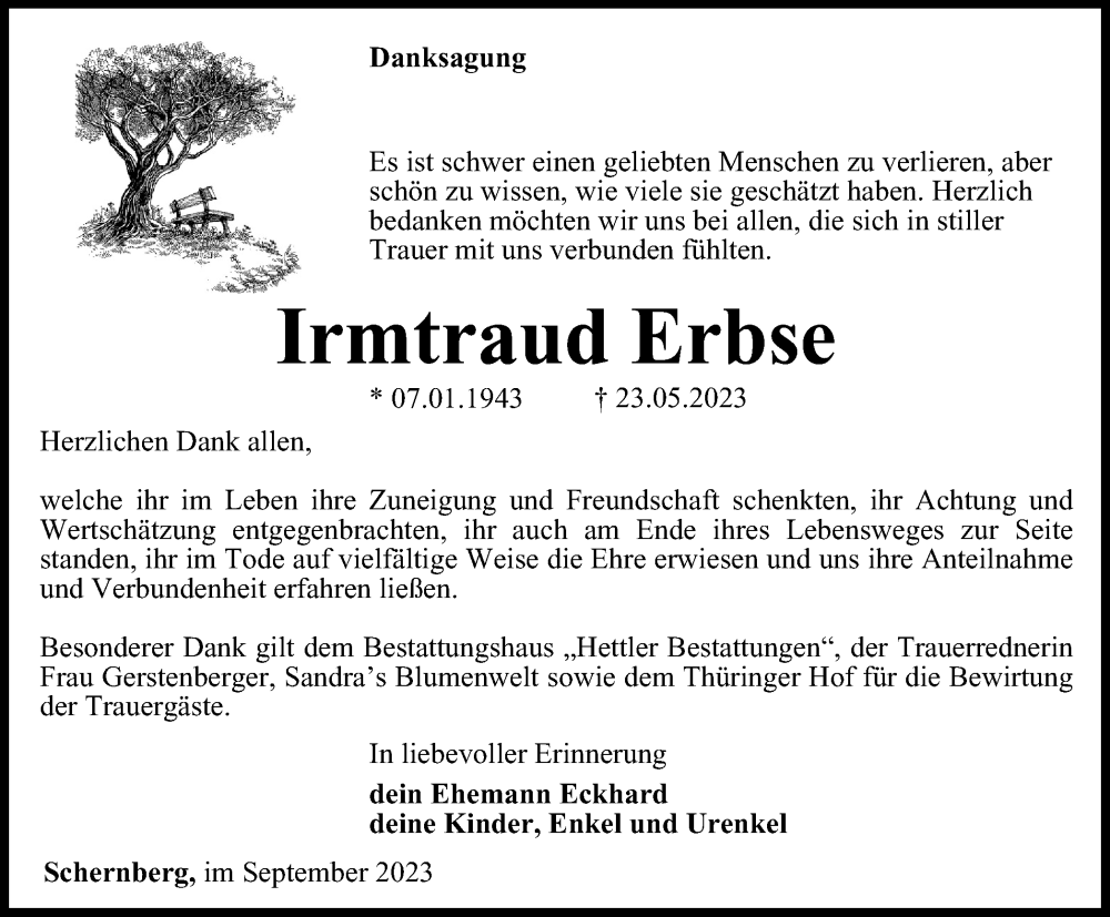  Traueranzeige für Irmtraud Erbse vom 02.09.2023 aus Thüringer Allgemeine