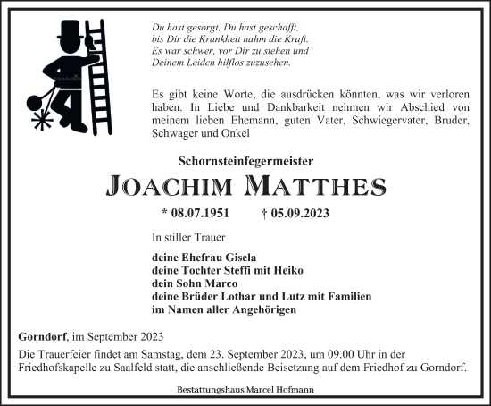 Traueranzeige von Joachim Matthes von Ostthüringer Zeitung