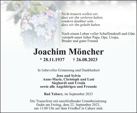 Traueranzeige von Joachim Möncher von Thüringer Allgemeine, Thüringische Landeszeitung