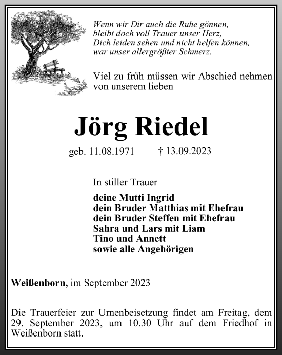 Traueranzeige von Jörg Riedel von Ostthüringer Zeitung