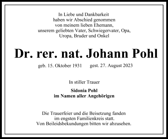 Traueranzeige von Johann Pohl