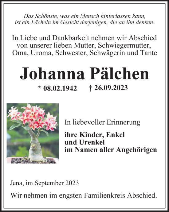 Traueranzeige von Johanna Pälchen von Ostthüringer Zeitung