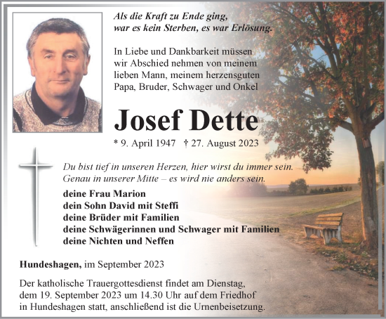 Traueranzeige von Josef Dette von Thüringer Allgemeine