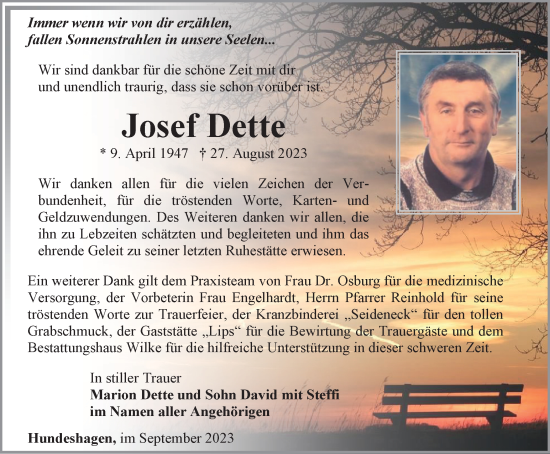 Traueranzeige von Josef Dette von Thüringer Allgemeine