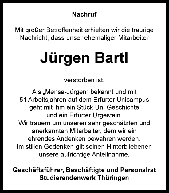 Traueranzeige von Jürgen Bartl von Thüringer Allgemeine, Thüringische Landeszeitung