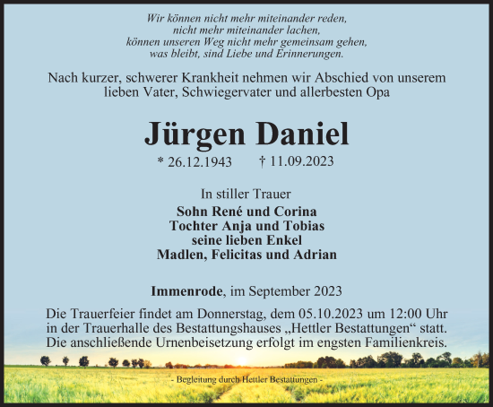 Traueranzeige von Jürgen Daniel von Thüringer Allgemeine