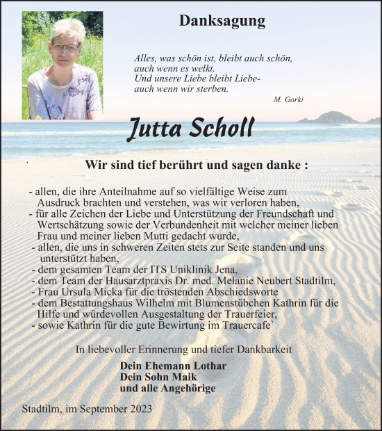 Traueranzeige von Jutta Scholl von Thüringer Allgemeine