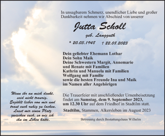 Traueranzeige von Jutta Scholl von Thüringer Allgemeine