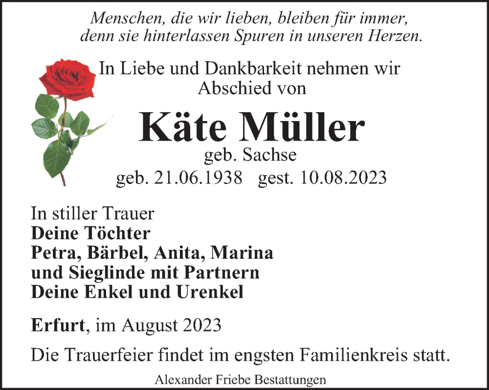  Traueranzeige für Käte Müller vom 09.09.2023 aus Thüringer Allgemeine, Thüringische Landeszeitung