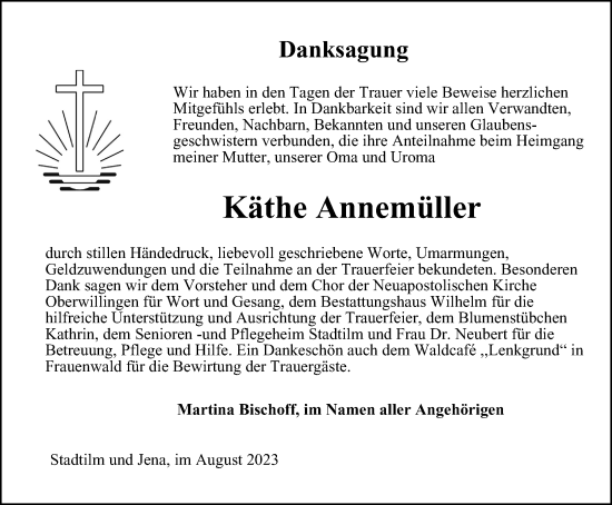 Traueranzeige von Käthe Annemüller von Thüringer Allgemeine