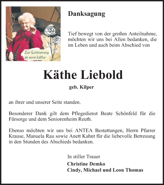 Traueranzeige von Käthe Liebold von Ostthüringer Zeitung