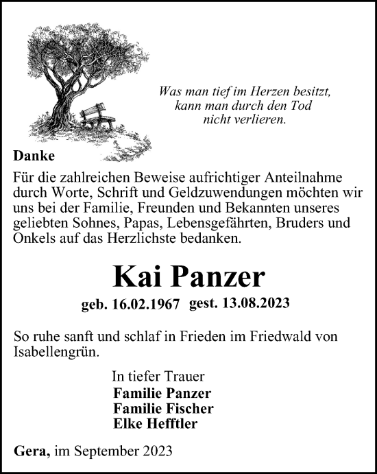Traueranzeige von Kai Panzer von Ostthüringer Zeitung