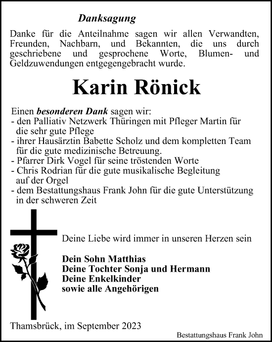 Traueranzeige von Karin Rönick von Thüringer Allgemeine, Thüringische Landeszeitung