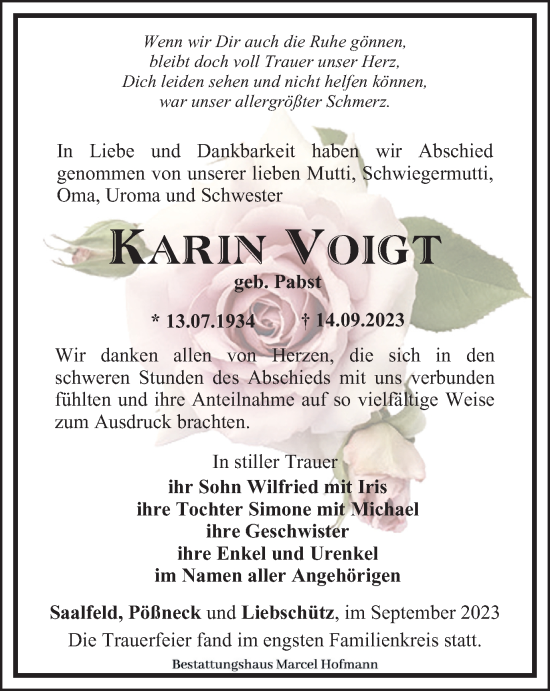 Traueranzeige von Karin Voigt von Ostthüringer Zeitung