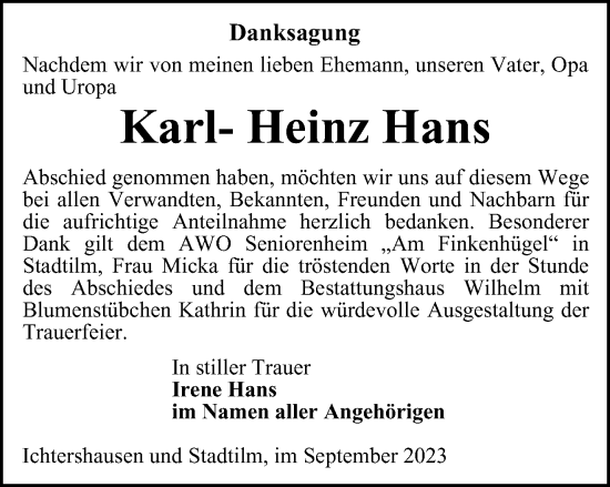 Traueranzeige von Karl-Heinz Hans von Thüringer Allgemeine
