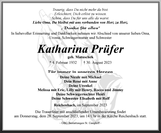 Traueranzeige von Katharina Prüfer von Ostthüringer Zeitung