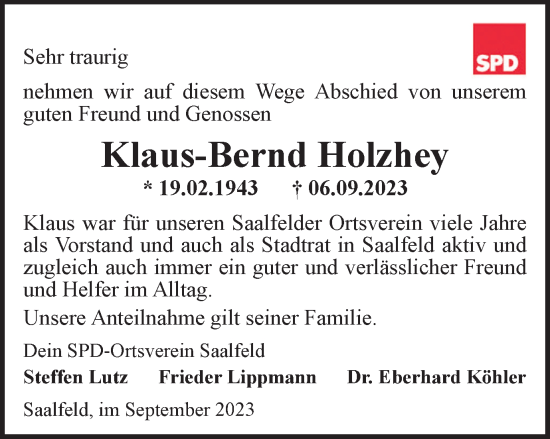 Traueranzeige von Klaus-Bernd Holzhey von Ostthüringer Zeitung