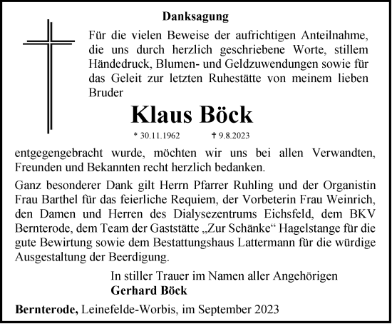 Traueranzeige von Klaus Böck von Thüringer Allgemeine